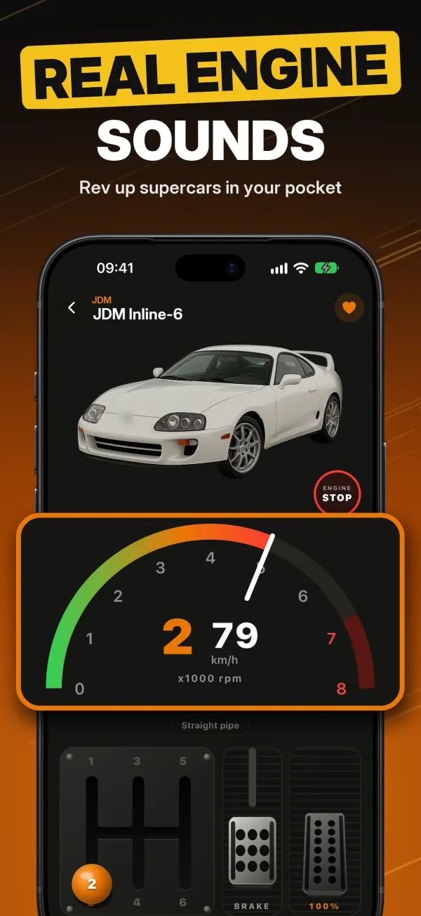 Car Sounds app Drive mode with tachometer, gear lever and pedals